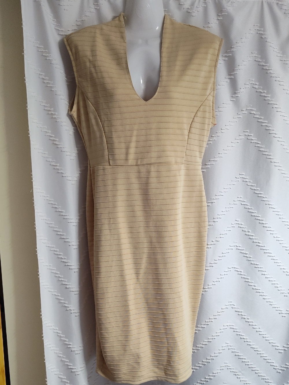 Chesley Beige V-Neck Midi Sheath Dress